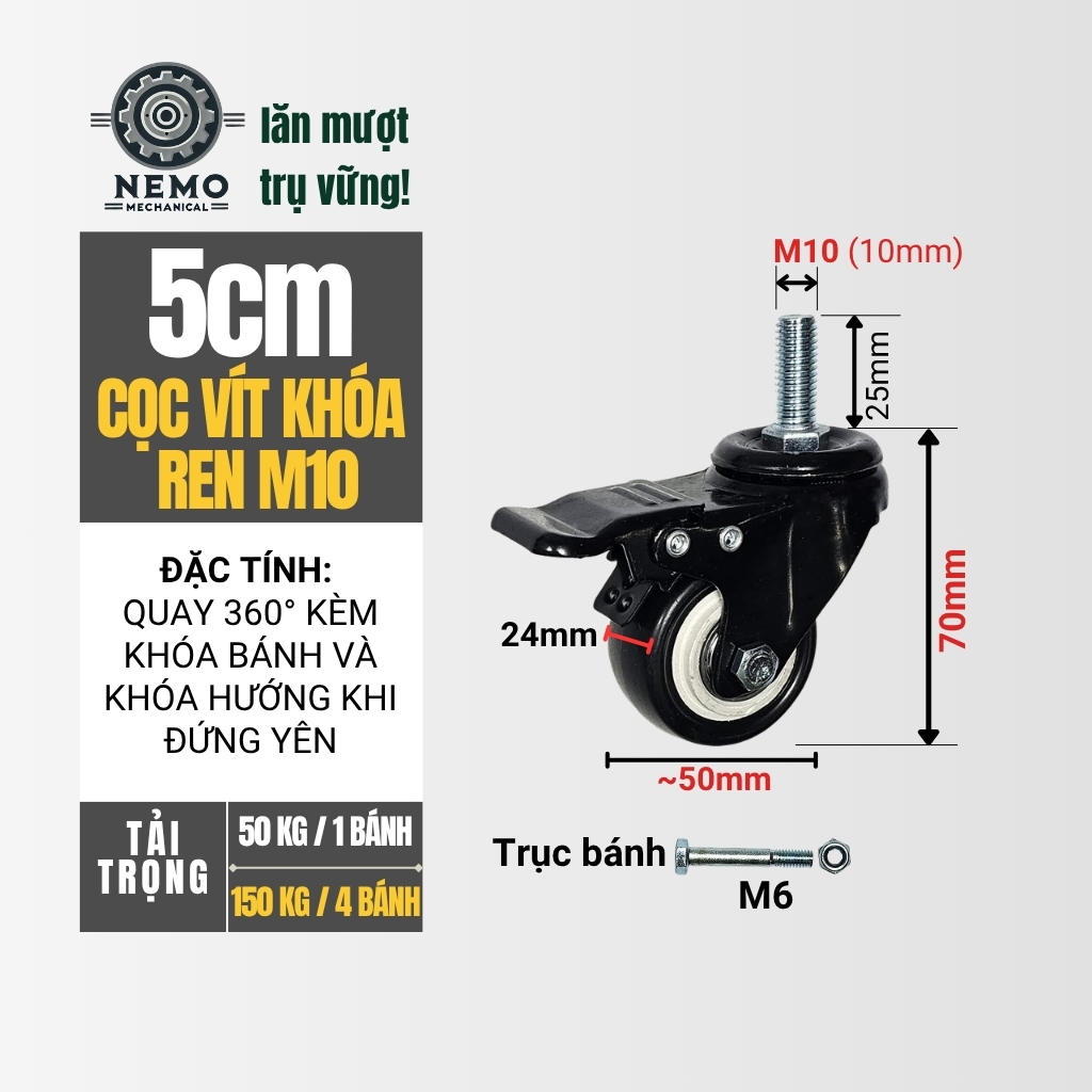 Bánh xe đẩy hàng đen trắng, loại cọc vít, có bạc đạn, đường kính bánh 4cm và 5cm, 40-50kg/1bánh